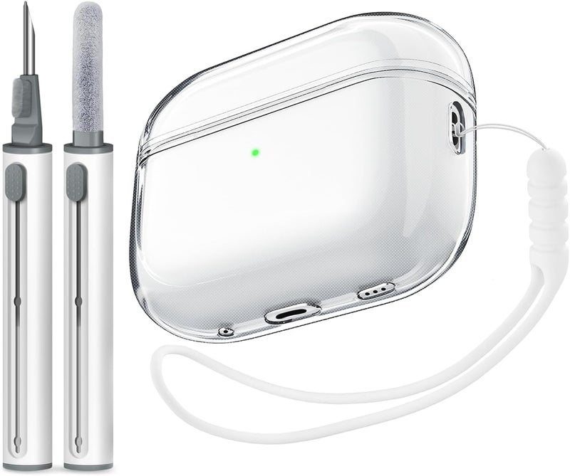 Tandoler حافظة متوافقة مع Airpods Pro 2، حافظة واقية ناعمة من TPU مع مجموعة تنظيف وحبل متوافق لجهاز AirPod Pro الجيل الثاني، LED أمامي مرئي - شفاف - Image 1